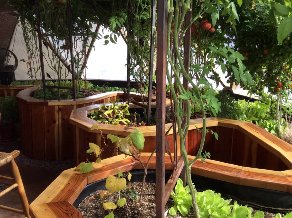 A close-up view of a keyhole raised garden bed design, optimizing space within a greenhouse.