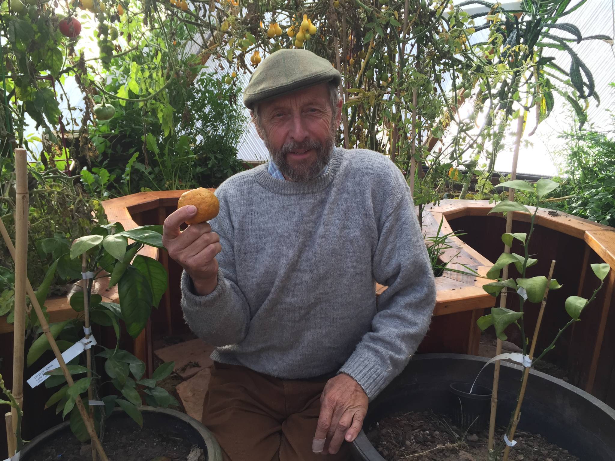 Udgar holding an orange grown in a Growing Dome greenhouse
