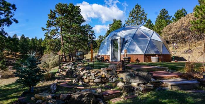 22 foot Growing Dome Geodesic Greenhouse with stone walkway