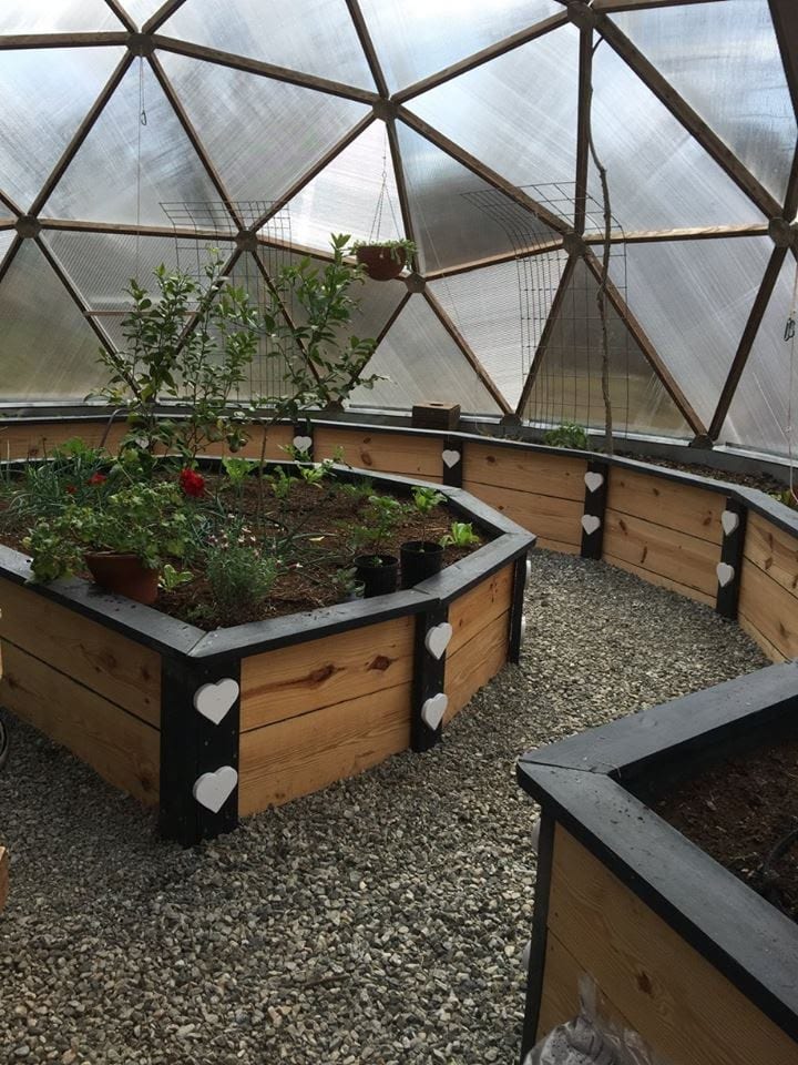 Wooden raised garden beds adorned with decorative hearts, brimming with lush plants, arranged on a gravel path inside a spacious geodesic dome greenhouse.
