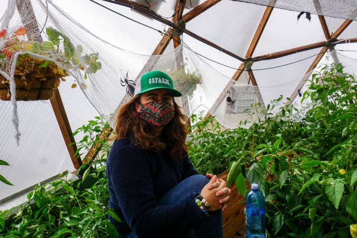 Shannon Harker GoFarm Farmer Apprentice in geodesic greenhouse dome