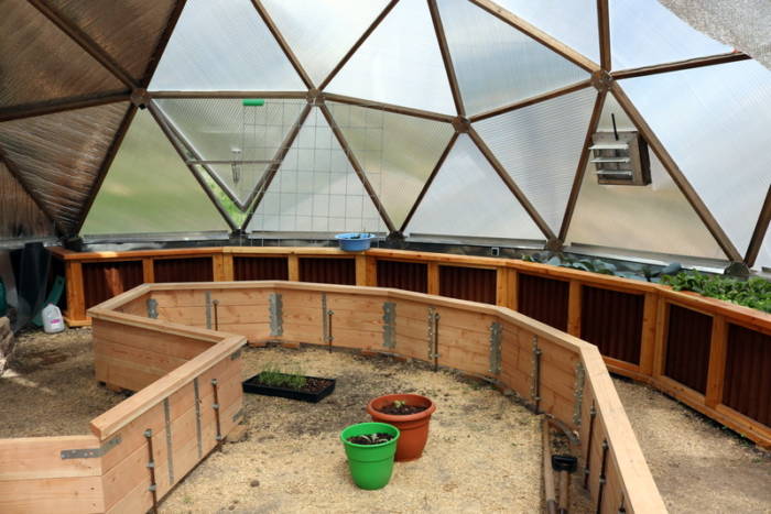 Raised garden beds in Growing Dome greenhouse