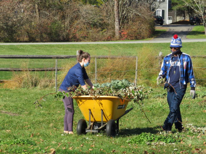 students farming outside school greenhouse