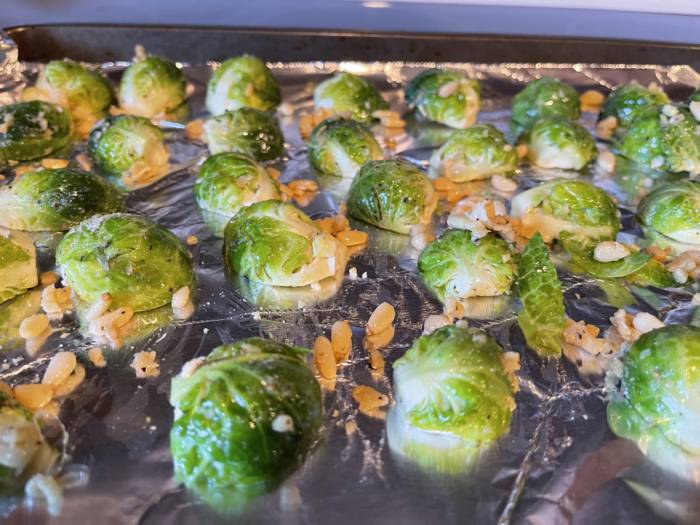 halved Brussels sprouts on a pan