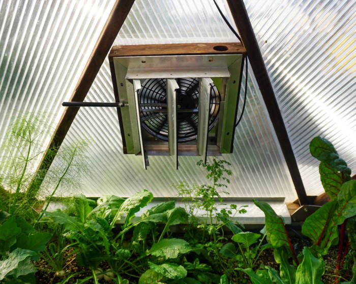 Amtrak solar fan installed on the inside of a growing dome greenhouse