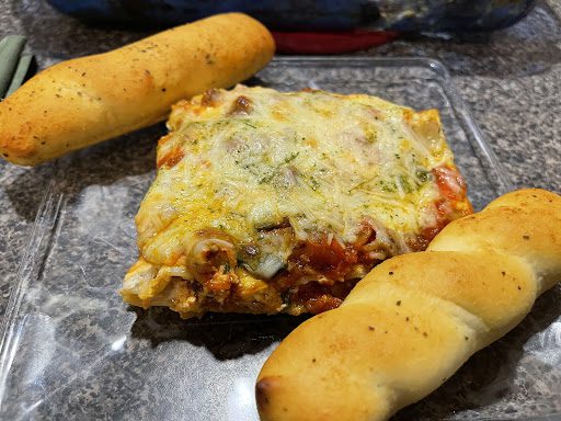 breadsticks and vegan lasagna