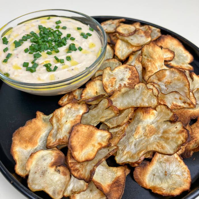 Creamy Rosemary and Roasted Garlic White Bean Dip served with Air Fried Sunchoke Chips