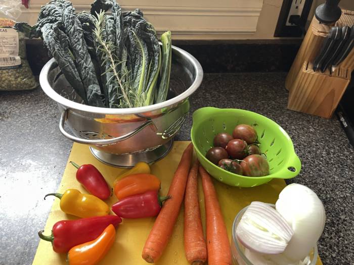 Kale, Carrots, Tomatoes, Pepper, Shallot, & Onion for Kitchen Sink Soup