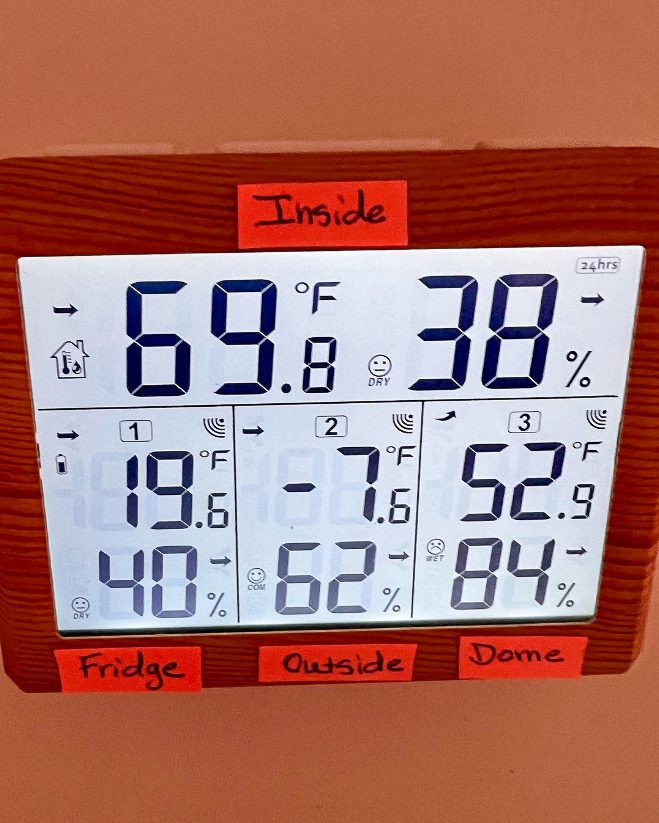 Temperature monitoring panel for inside the Dome, outside, and refrigerator temperatures 