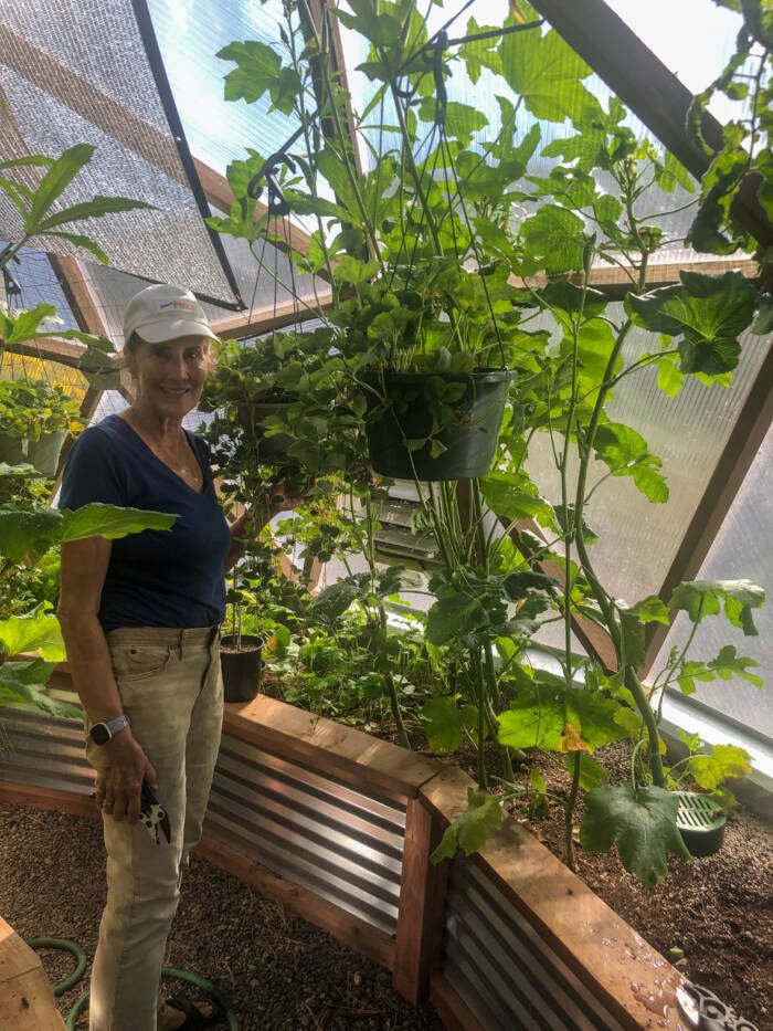 Nancy Drake inside her backyard greenhouse