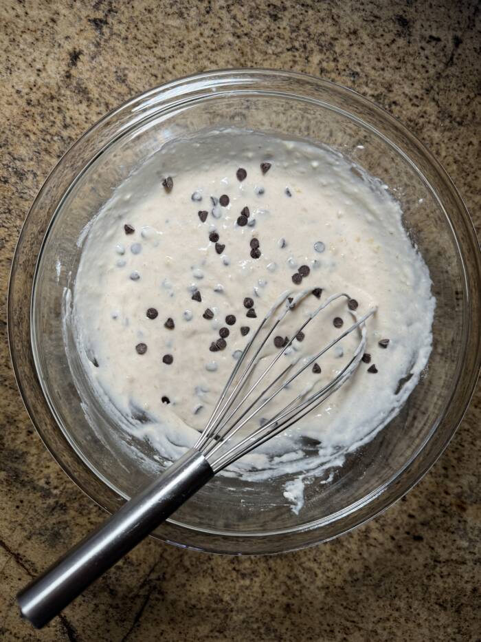 homemade chocolate chip banana pancake mix in a bowl on the counter