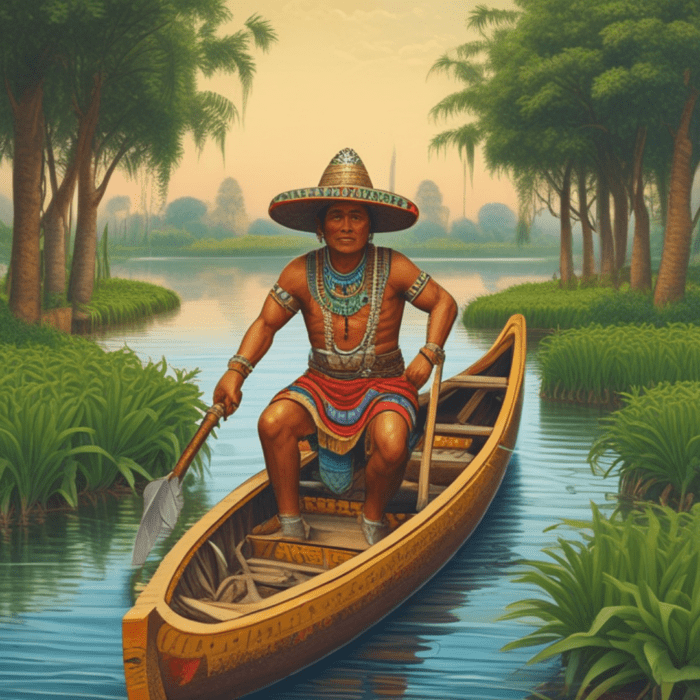 AI Generated image of an Aztec farmer navigating the canals between chinampas on a canoe
