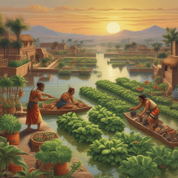 AI Generated image of the Aztec people tending to the crops on their floating gardens in the city of Tenochtitlan