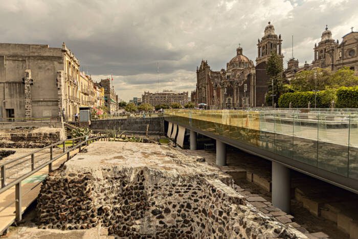 Remains of Templo Mayor ruins in the heart of modern Mexico City