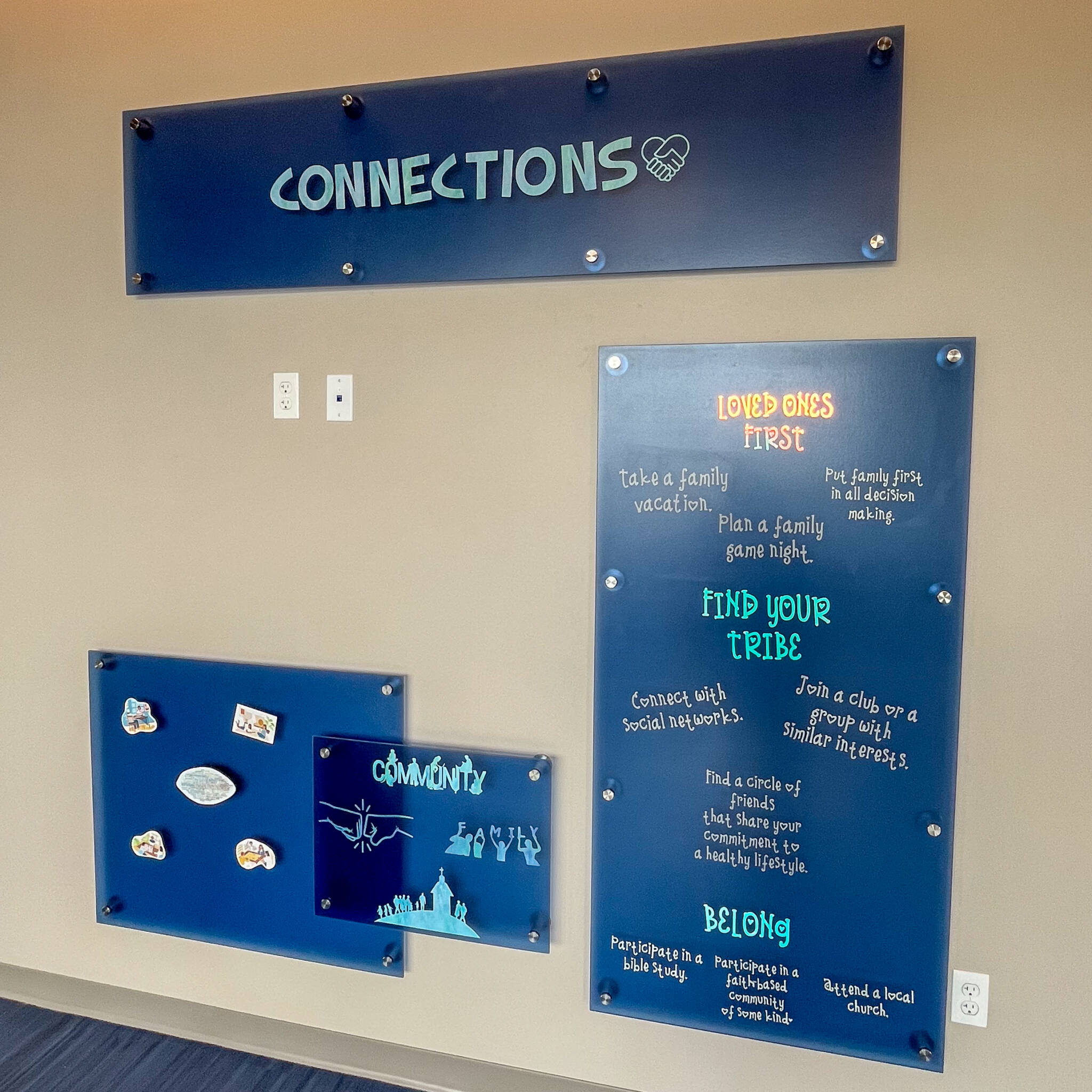 Signage explaining the importance of connections and community at the wellness center
